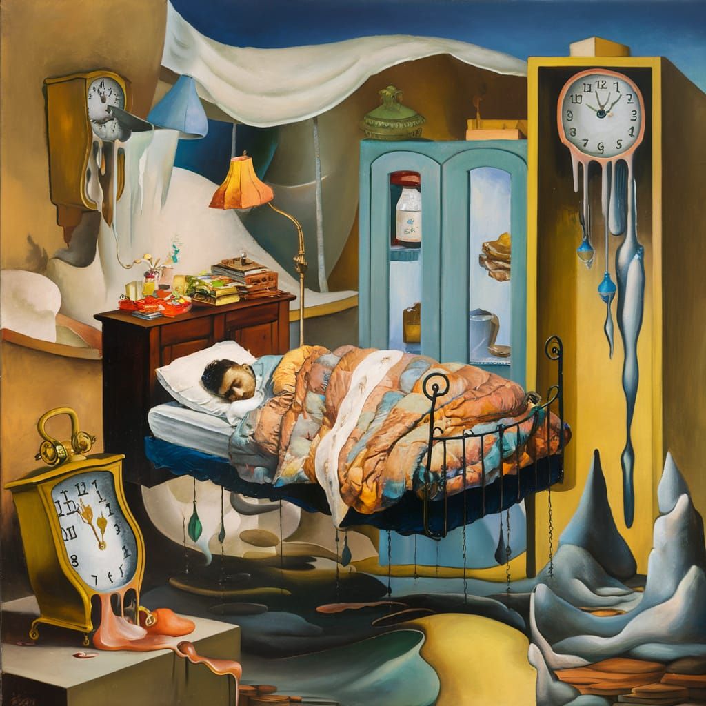 Surreal Floating Bedroom in Dreamlike Painting