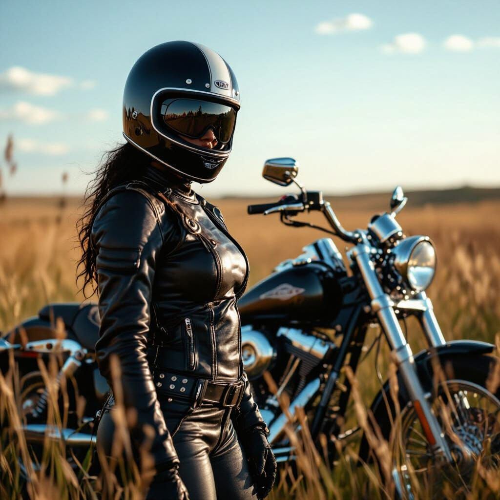 African-American Biker in Prairie Grass, Cinematic Lighting