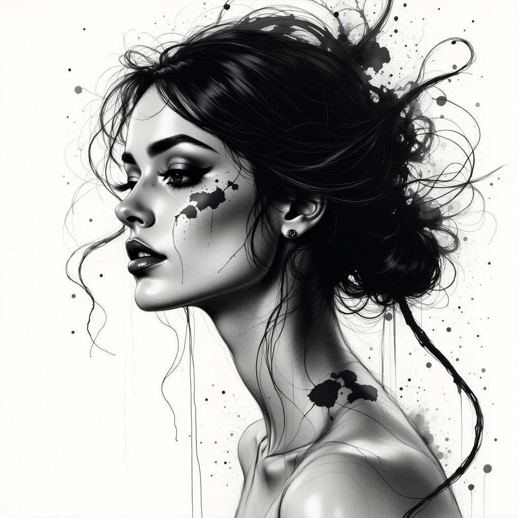 Expressive Portrait with Dynamic Ink Lines in a Moody Aesthe...