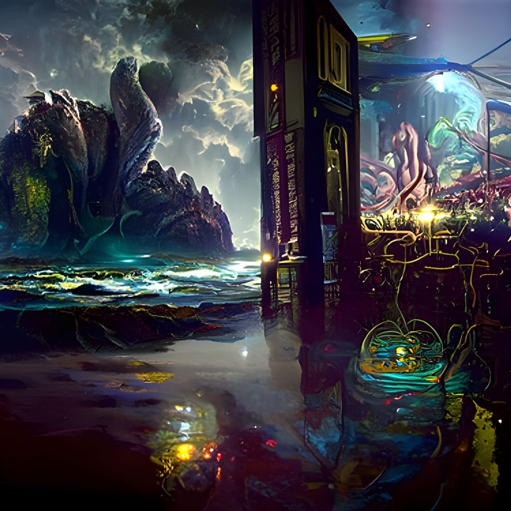 Bioluminescent Octopus in Alchemic Lab, Digital Art