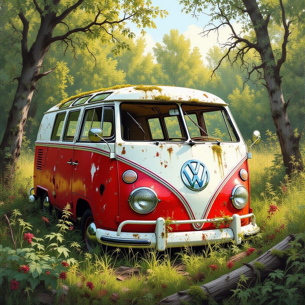 Moss-Covered Abandoned VW Van in Overgrown Field