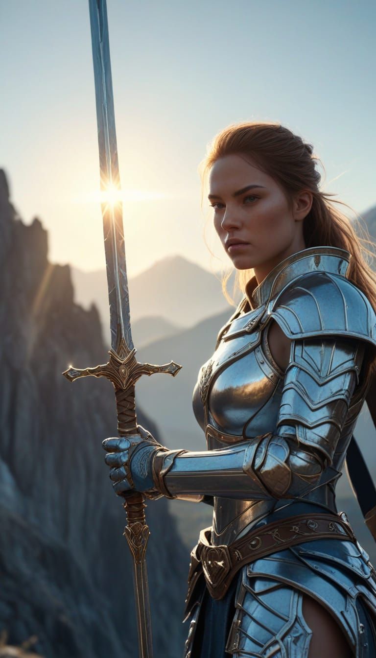 Female Warrior in Shining Armor with Sword
