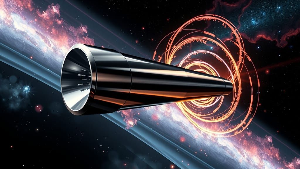 Silver Spacecraft in Swirling Cosmic Vortex