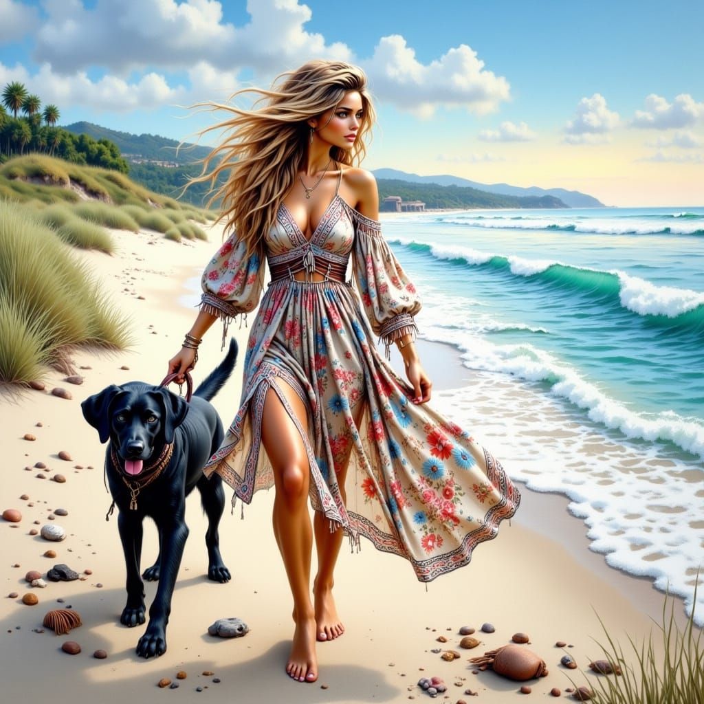 Woman and Dog on Beach with Serene Style