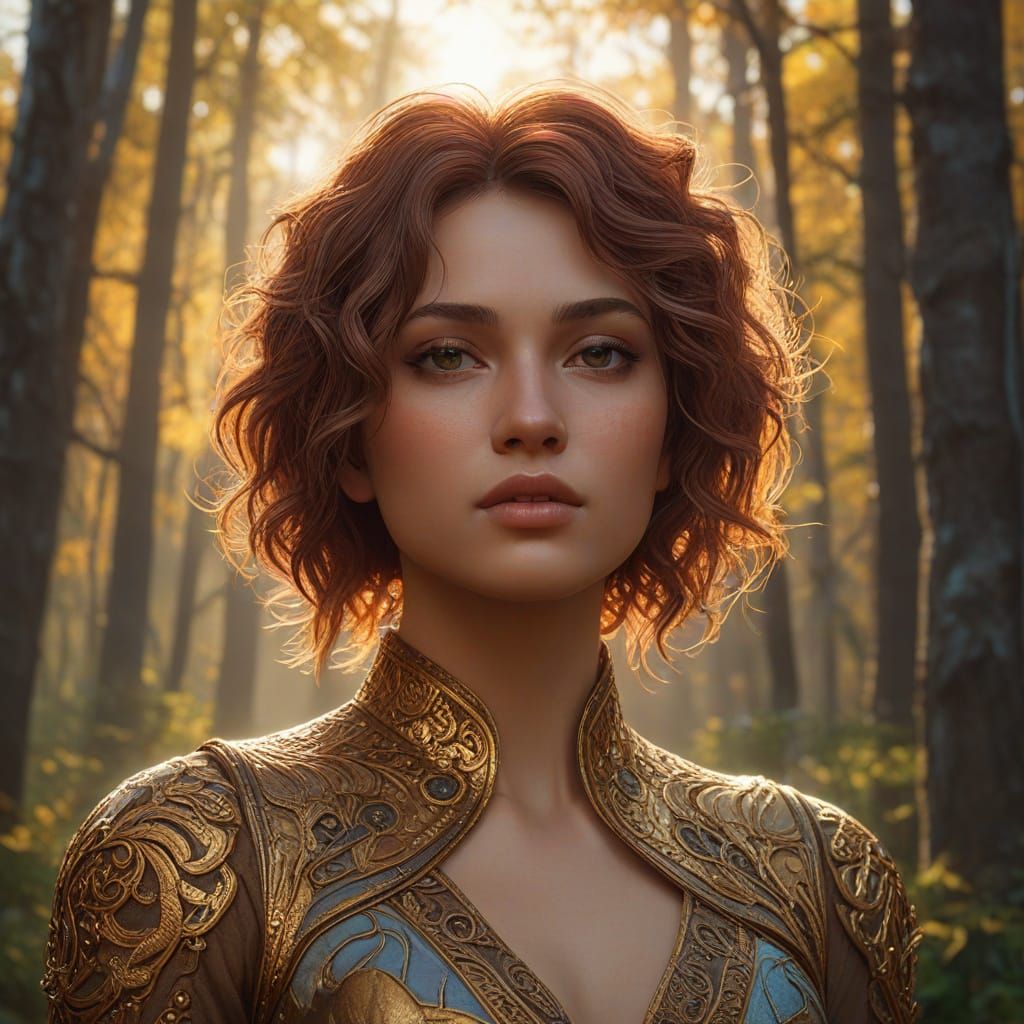 Mystical Autumn Goddess in Serene Forest Landscape