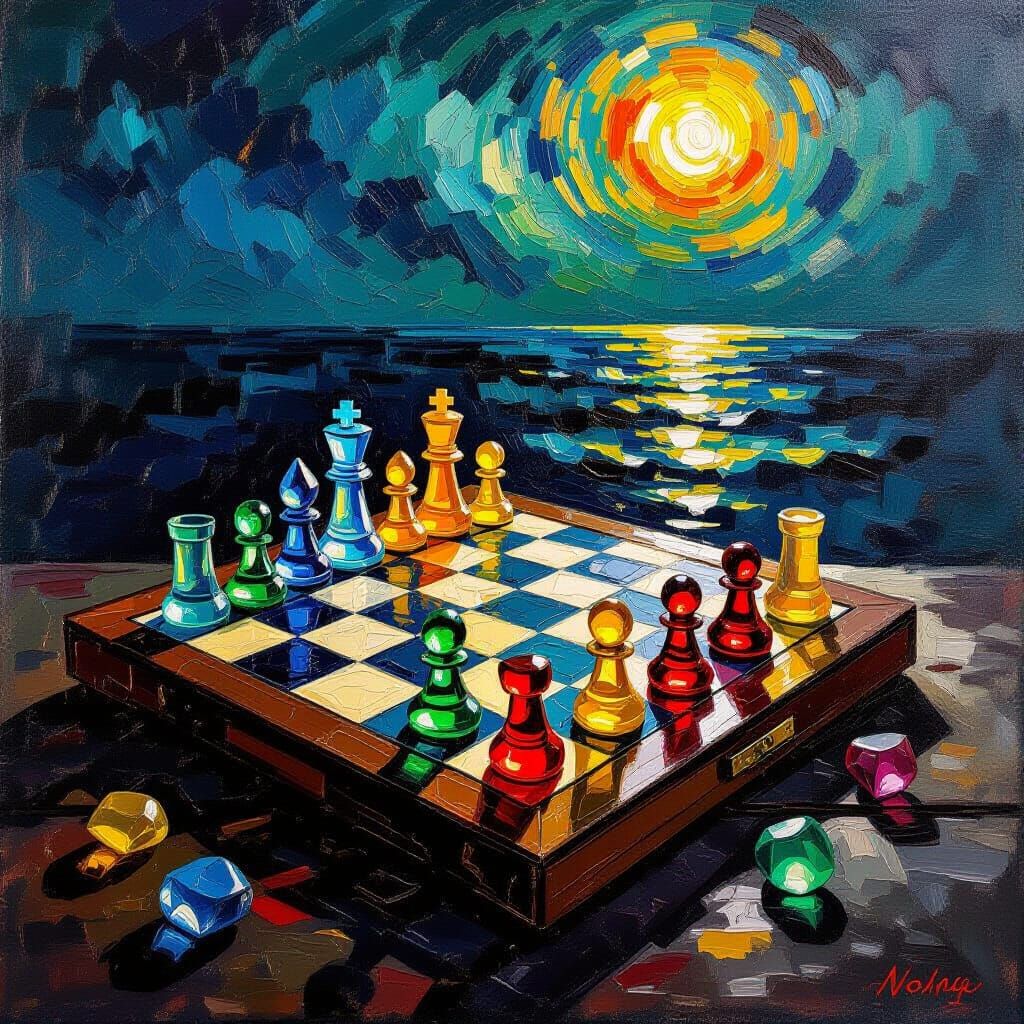 Sea Glass Chess Game in Neo-Impressionist Style