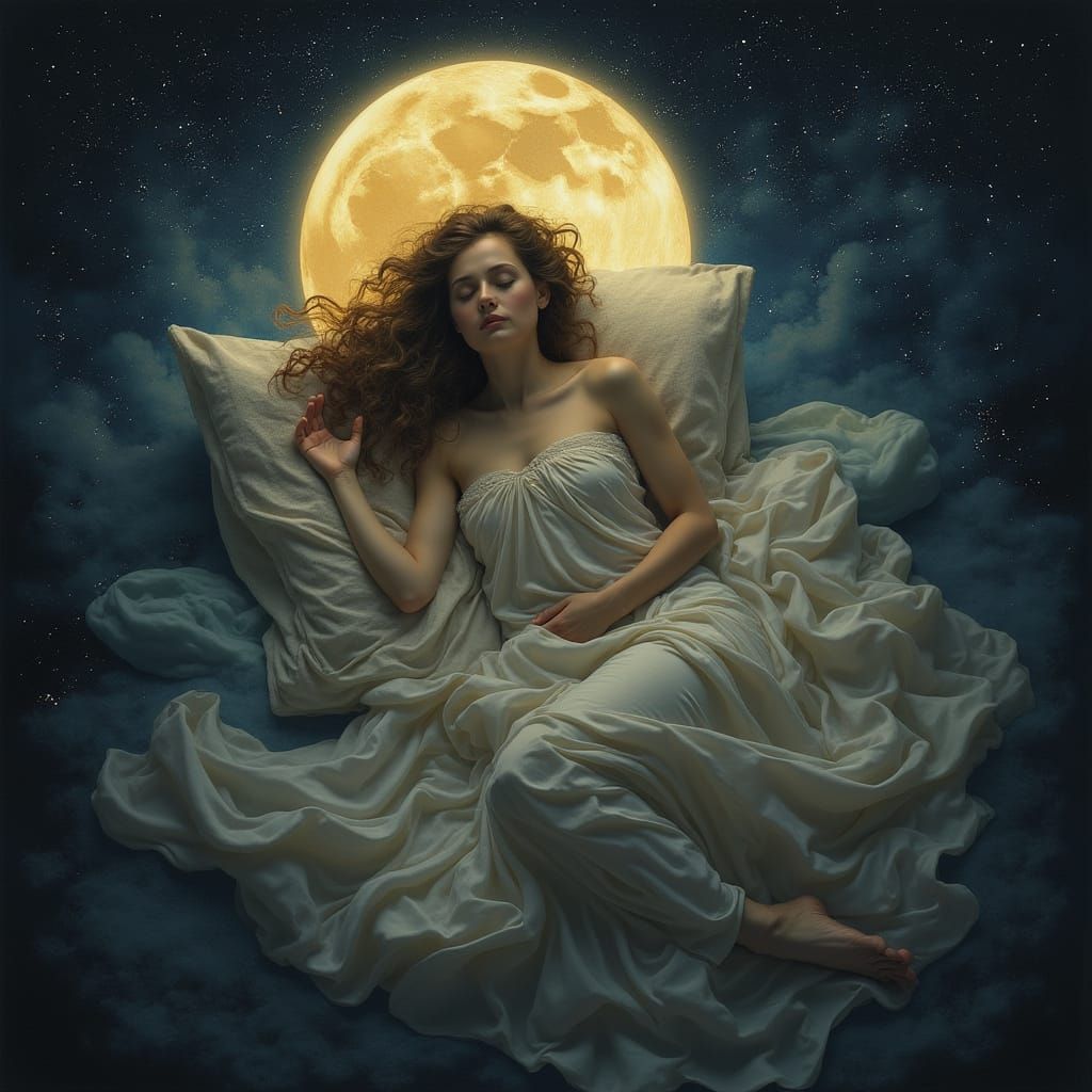 Woman Surrounded by Luminous Moons in a Dreamlike Scene