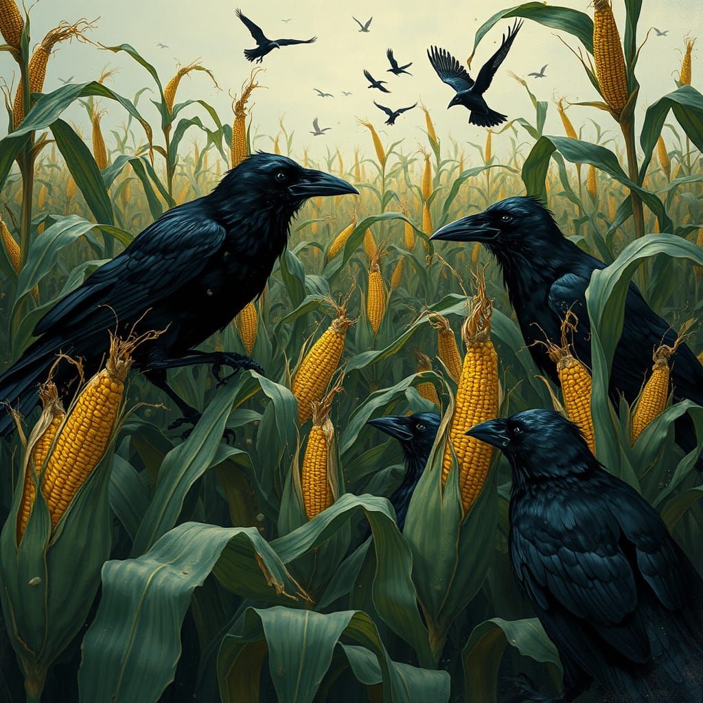 Black Crows Feast in Chaotic Cornfield Illustration