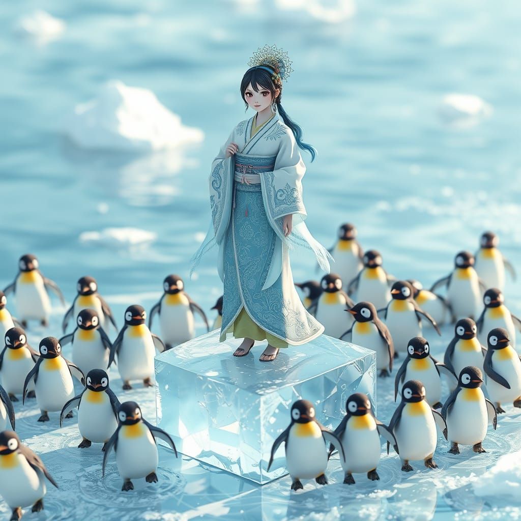 Goddess of Penguins in Whimsical Anime Style