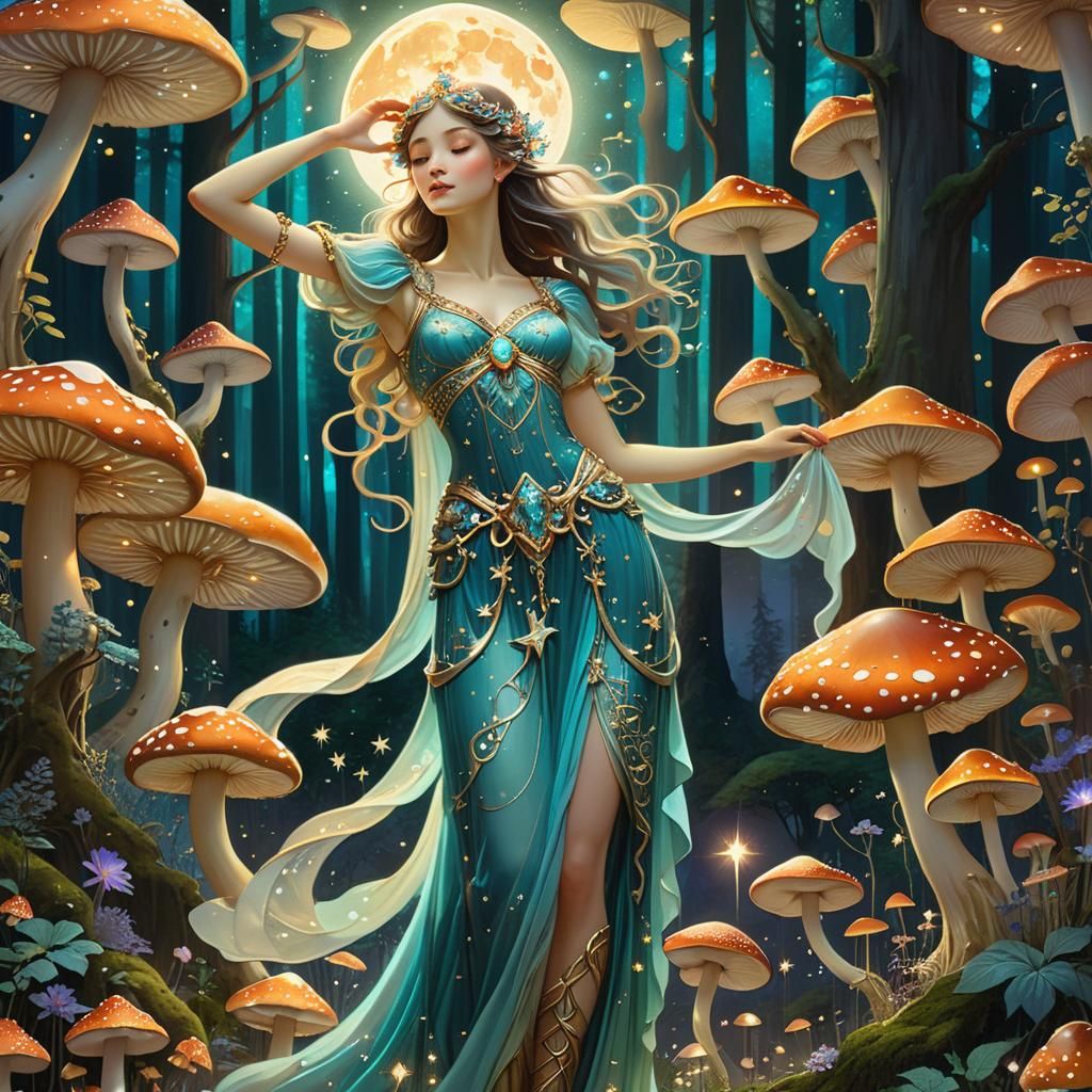 Celestial Goddess in Forest of Glowing Stars