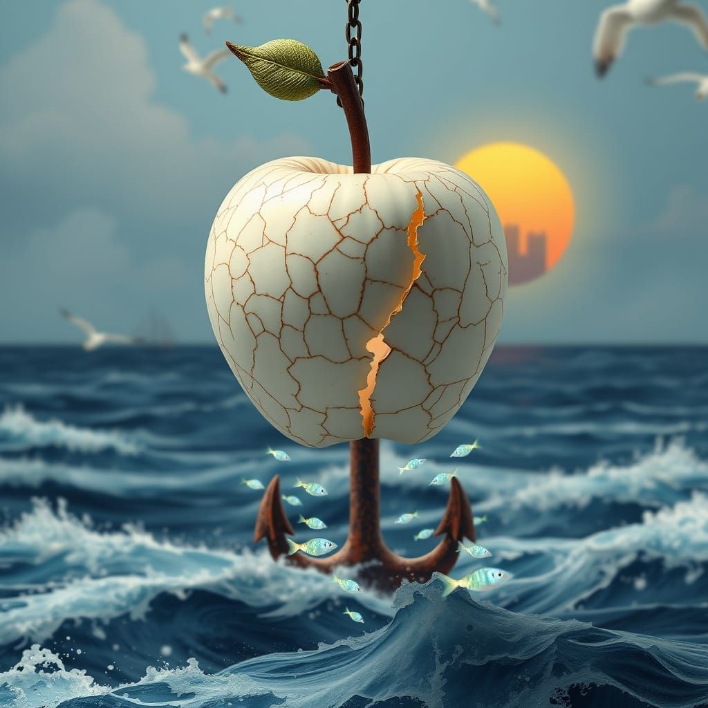 Ethereal Kintsugi Apple Suspended Over Majestic Ocean