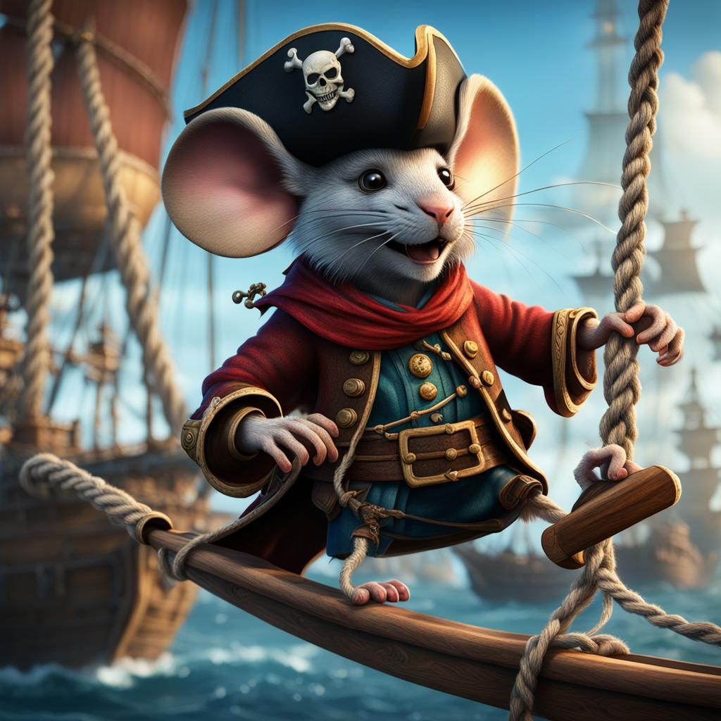 Pirate Mouse Swings Between Ships, Detailed Matte Painting