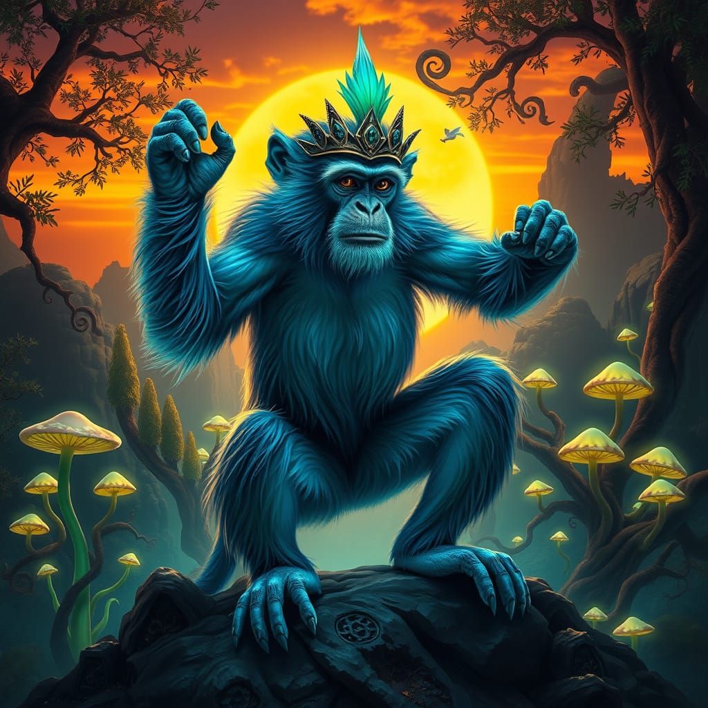 Regal Monkey Hero Amidst Ancient Temple Ruin in Vibrant Suns...