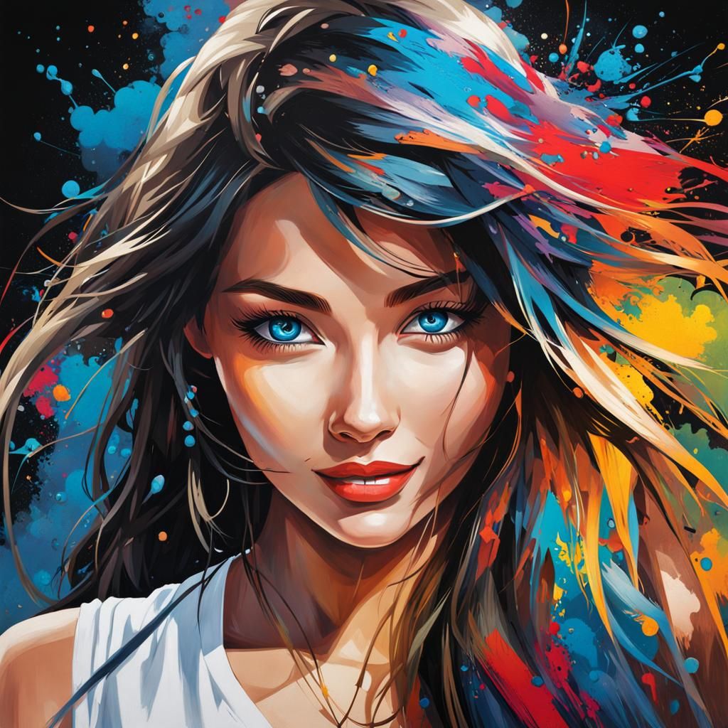 Smiling Woman in Colorful Graffiti Art Style