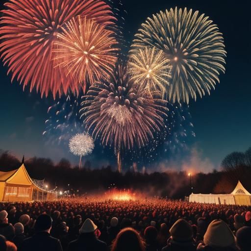 Bonfire Night Celebration with Fireworks in Folk Art Style