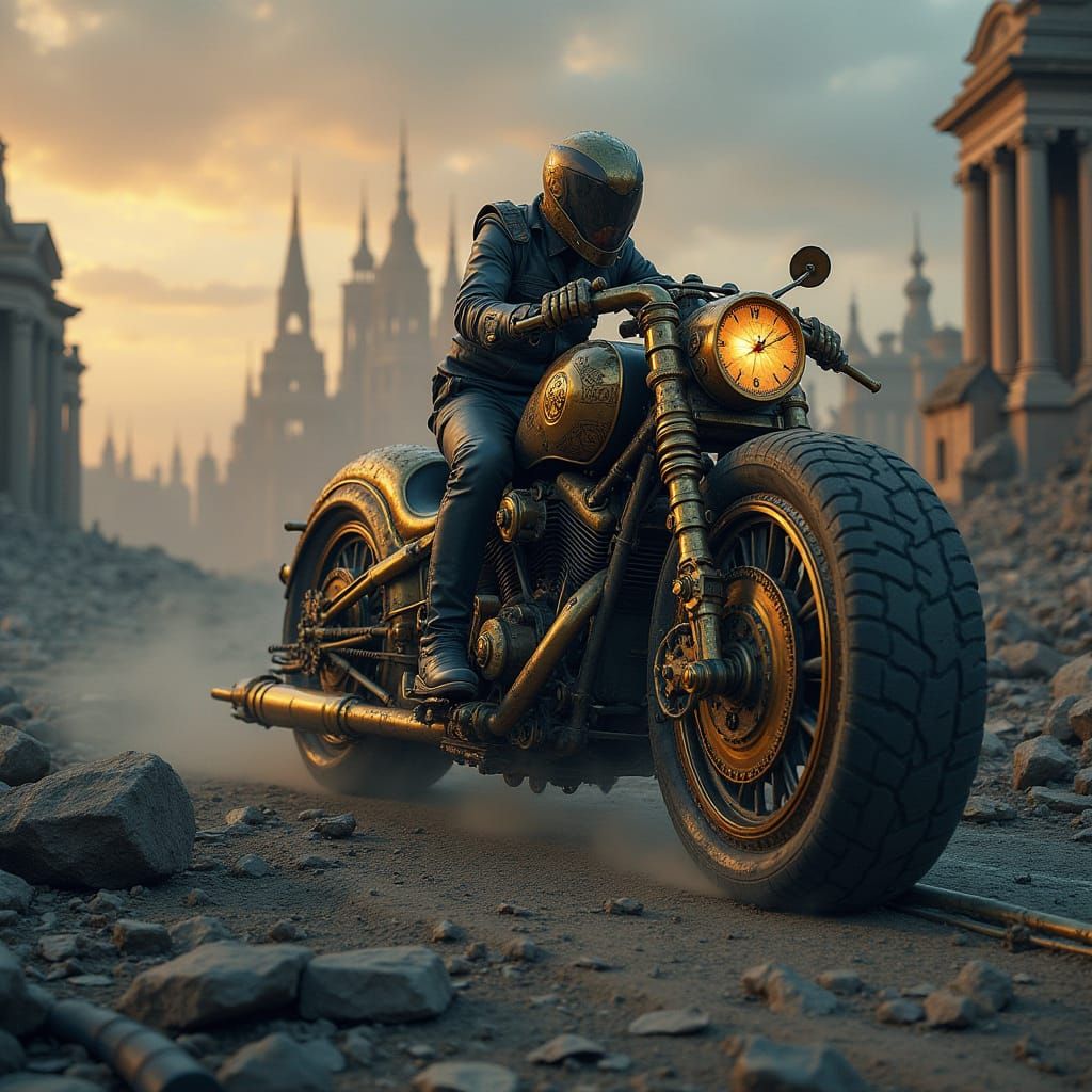 Steampunk Clockwork Motorcycle Speeds Through Ruined City