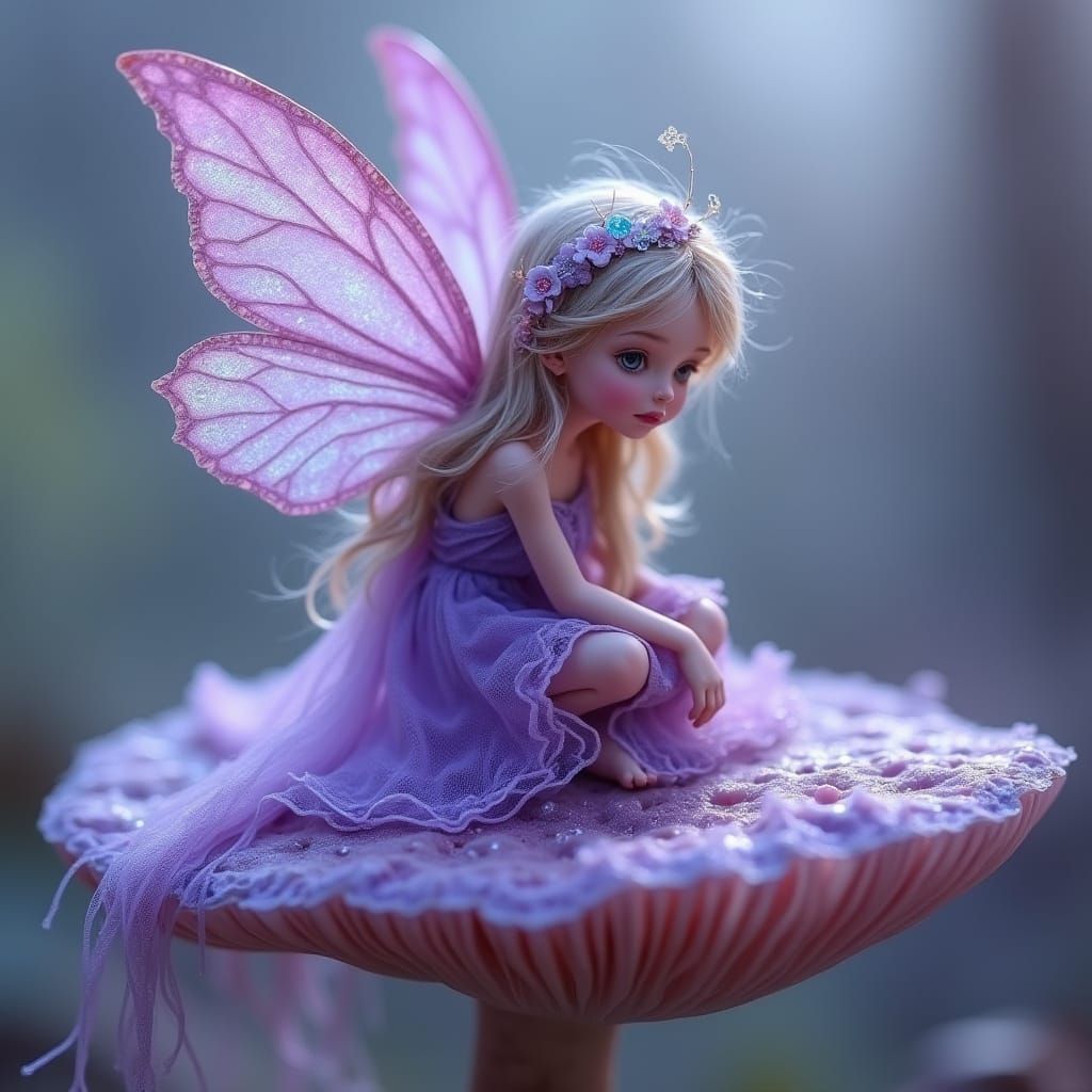 Purple-Winged Fairy on Amethyst Mushroom