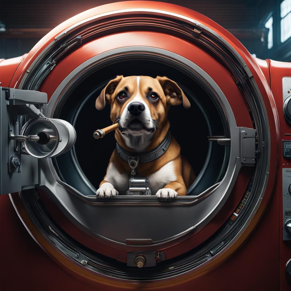 Mustachioed Dog with Smoking Gun in Washing Machine