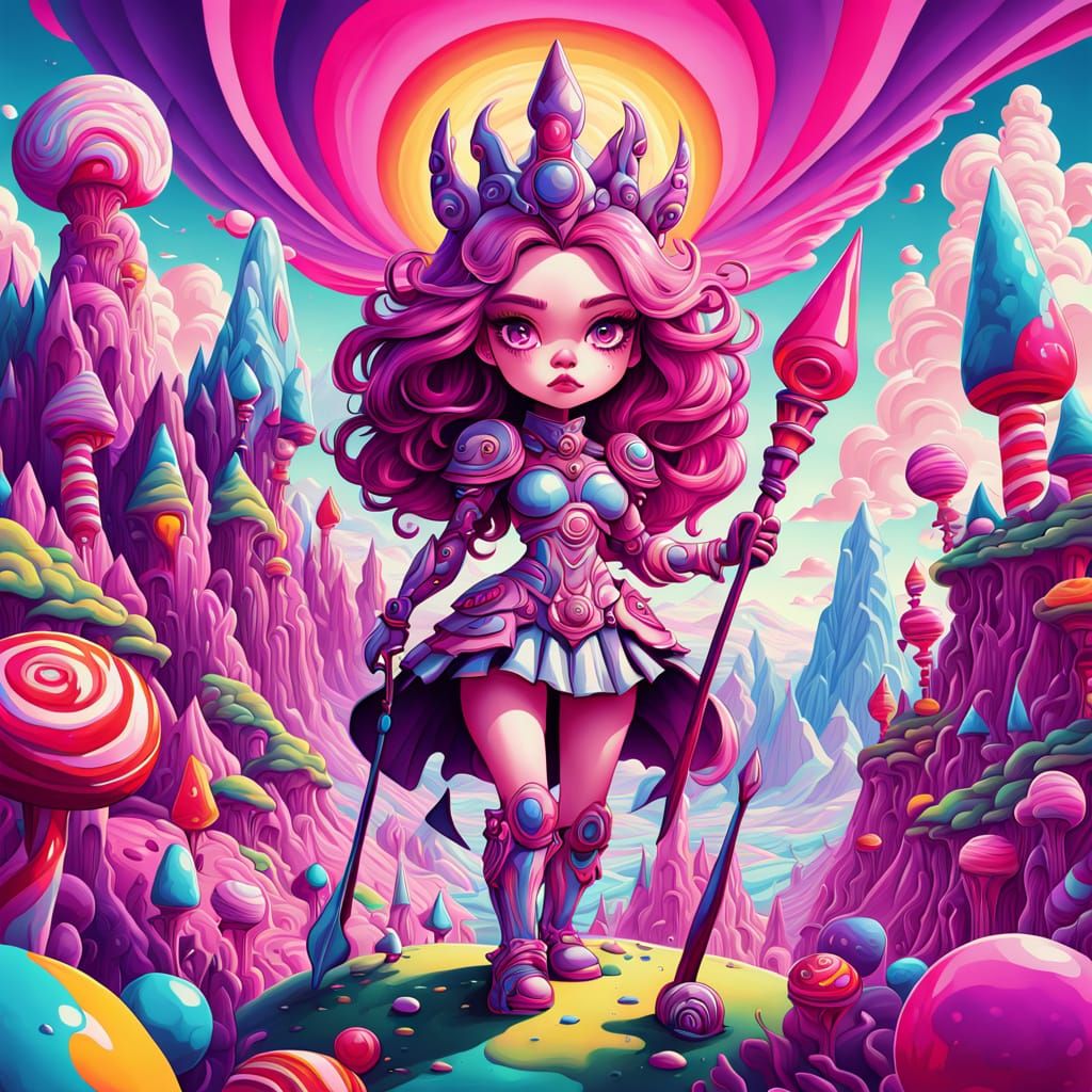 Chibi Warrior Queen in Surreal Candy Landscape Oil Painting