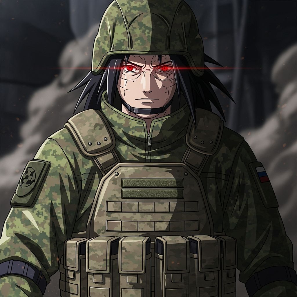 Madara Uchiha in Russian Camo: Anime-Style Portrait