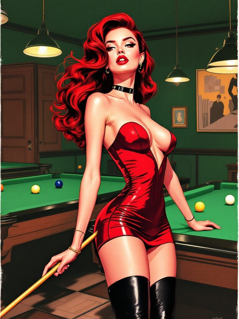 1950s Americana Pool Hall Scene with Red-Haired Woman