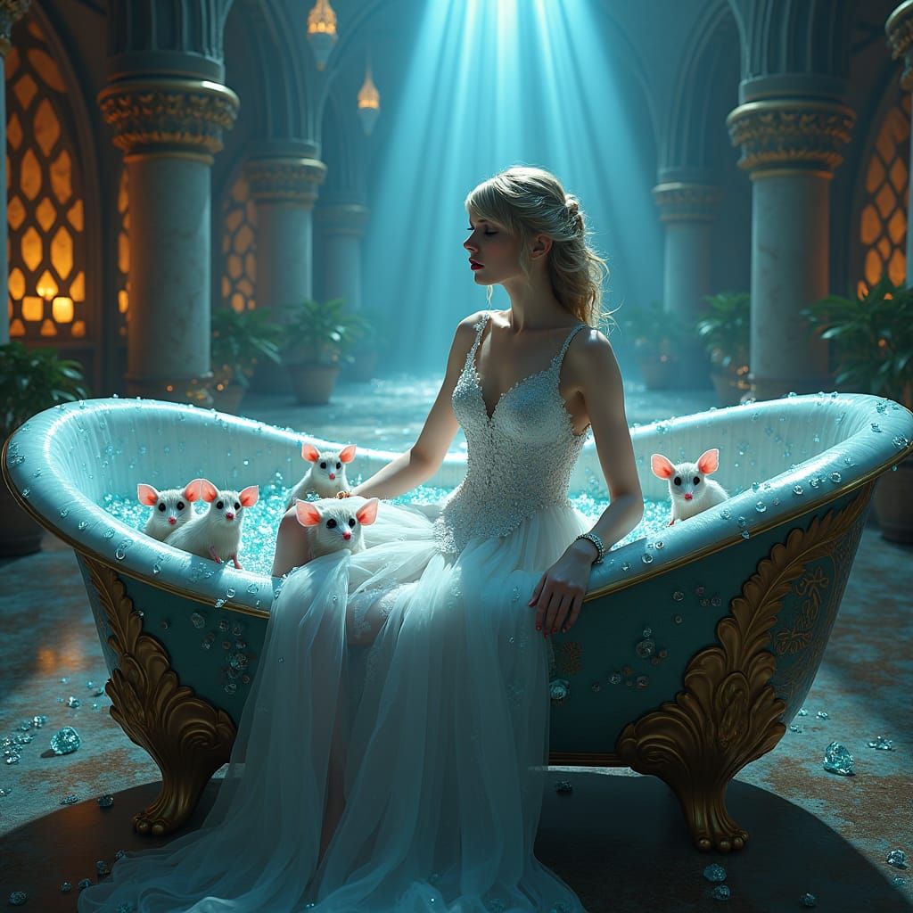 Ethereal Gown in Mystical Bathtub with Iridescent Rats