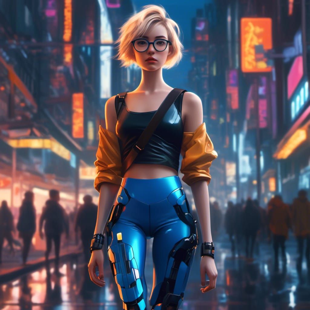 Anime Woman with Robotic Arms in Cityscape