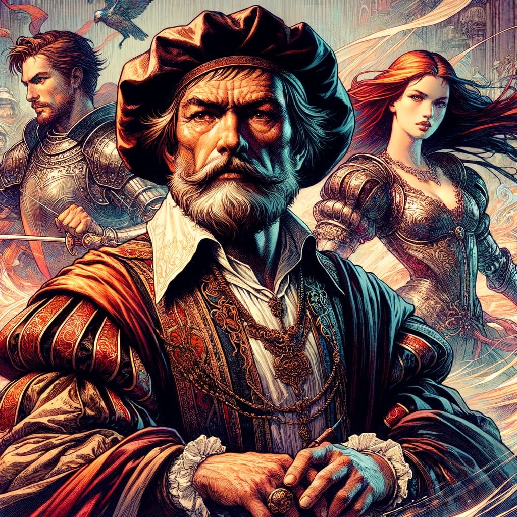 Renaissance Magician Battles Enchanted Foes in Whimsical Fan...