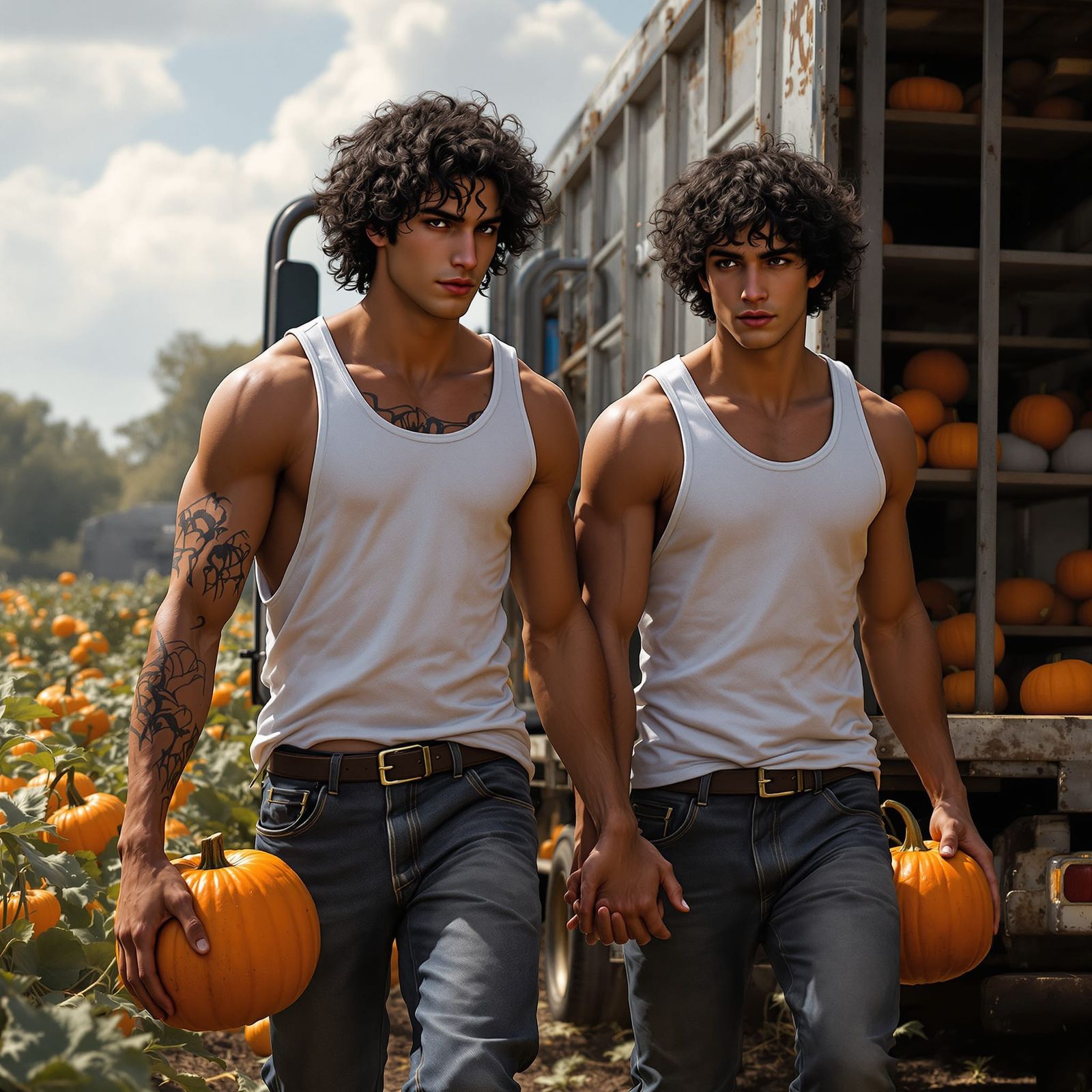 Dark Fantasy Farm Scene With Twin Men Carrying Pumpkins