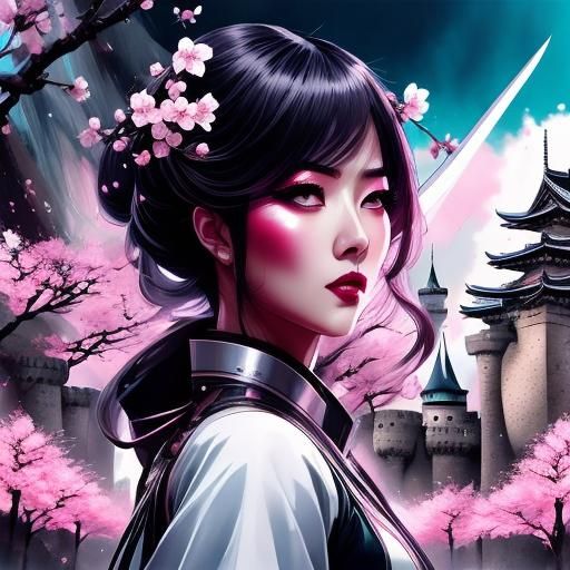 Beautiful Swordswoman in Double Exposure Manhwa Portrait