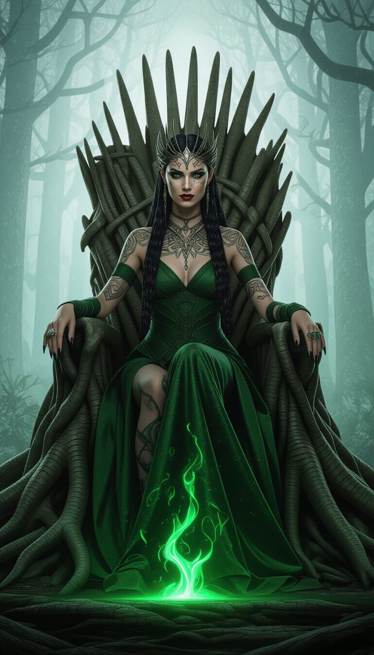 Witch Queen on Root Throne in Misty Forest