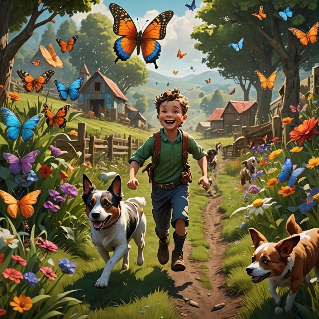 Boy and Dog Chase Butterfly on Farm