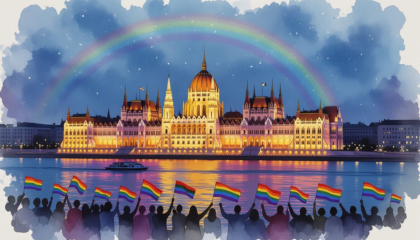 Rainbow Lights on Budapest Parliament Building
