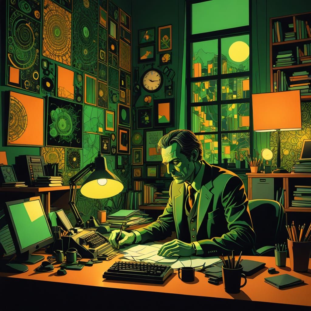 Midnight Office Struggle in Gothic Noir Art Deco Style