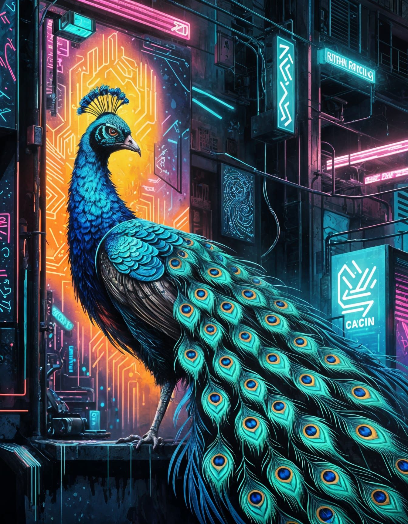 Cyberpunk Peacock in Neon Cityscape