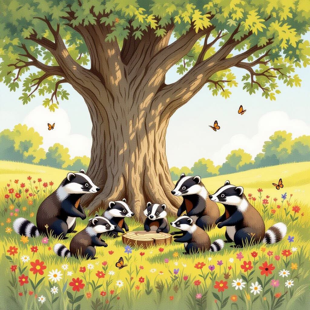 Badger Family in Meadow, Beatrix Potter Style
