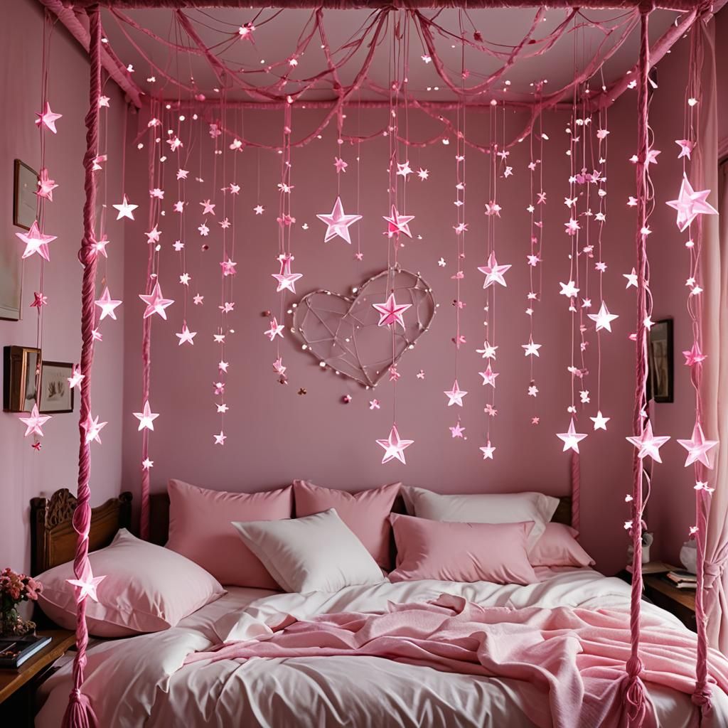 Pink Energy Stars Surround Four Poster Bed
