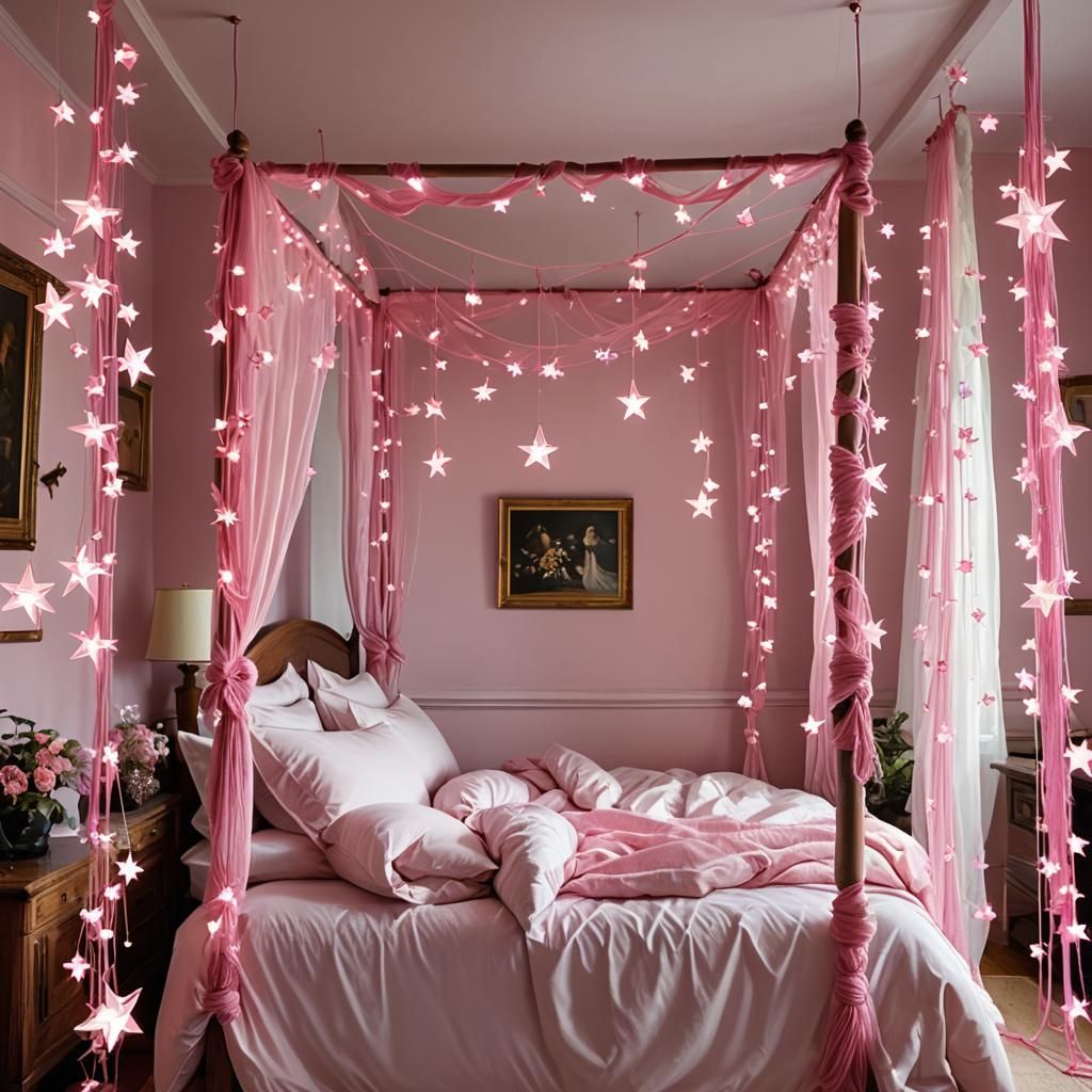Pink Energy Stars Surround Four Poster Bed