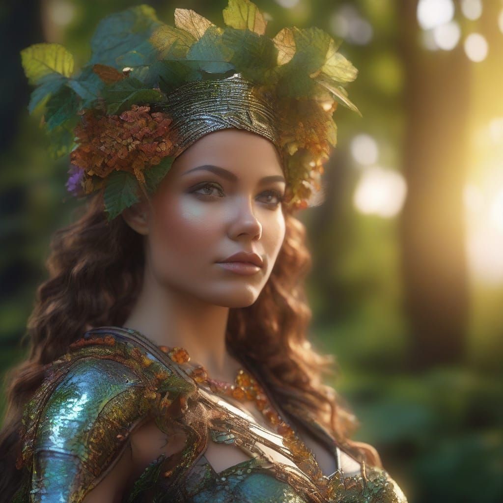 Goddess of the Earth in a Lush, Vibrant Forest Scene