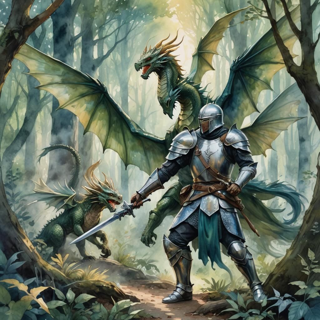 Medieval Warrior and Dragon in Watercolor Forest