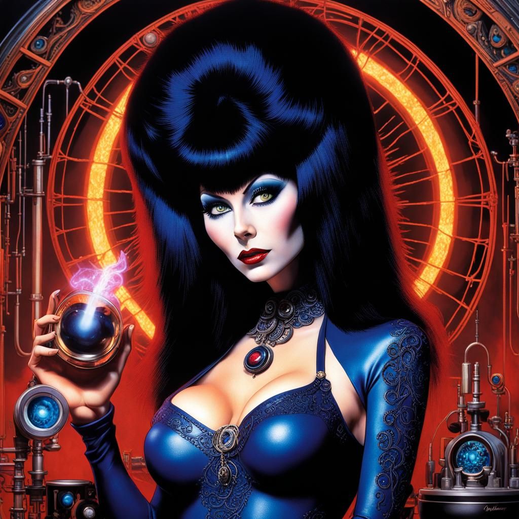 Elvira in Tesla Lab: Hyperrealistic Sci-Fi Art