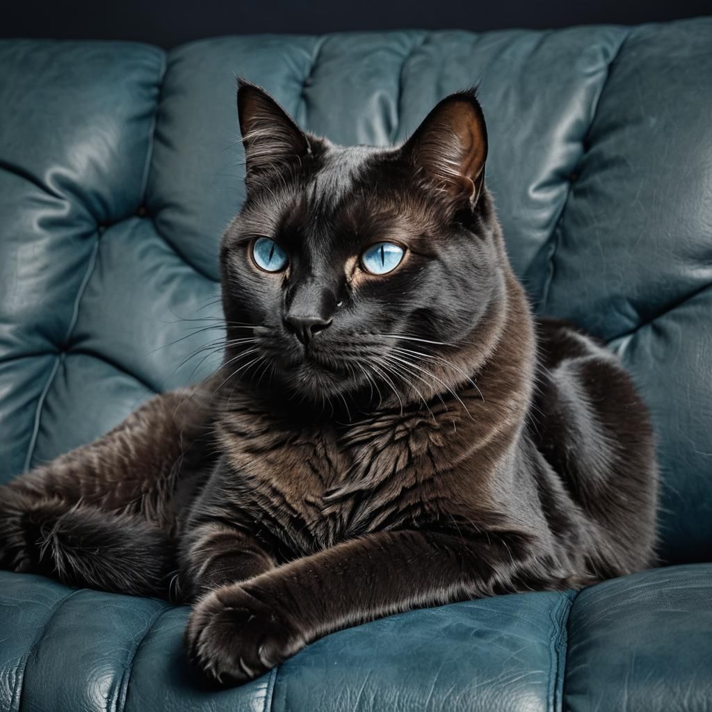 Black Cat Portrait on Blue Chesterfield Sofa