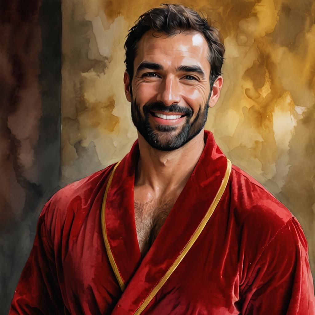 Hirsute Man in Red Velvet Bathrobe, Alcohol Ink Style