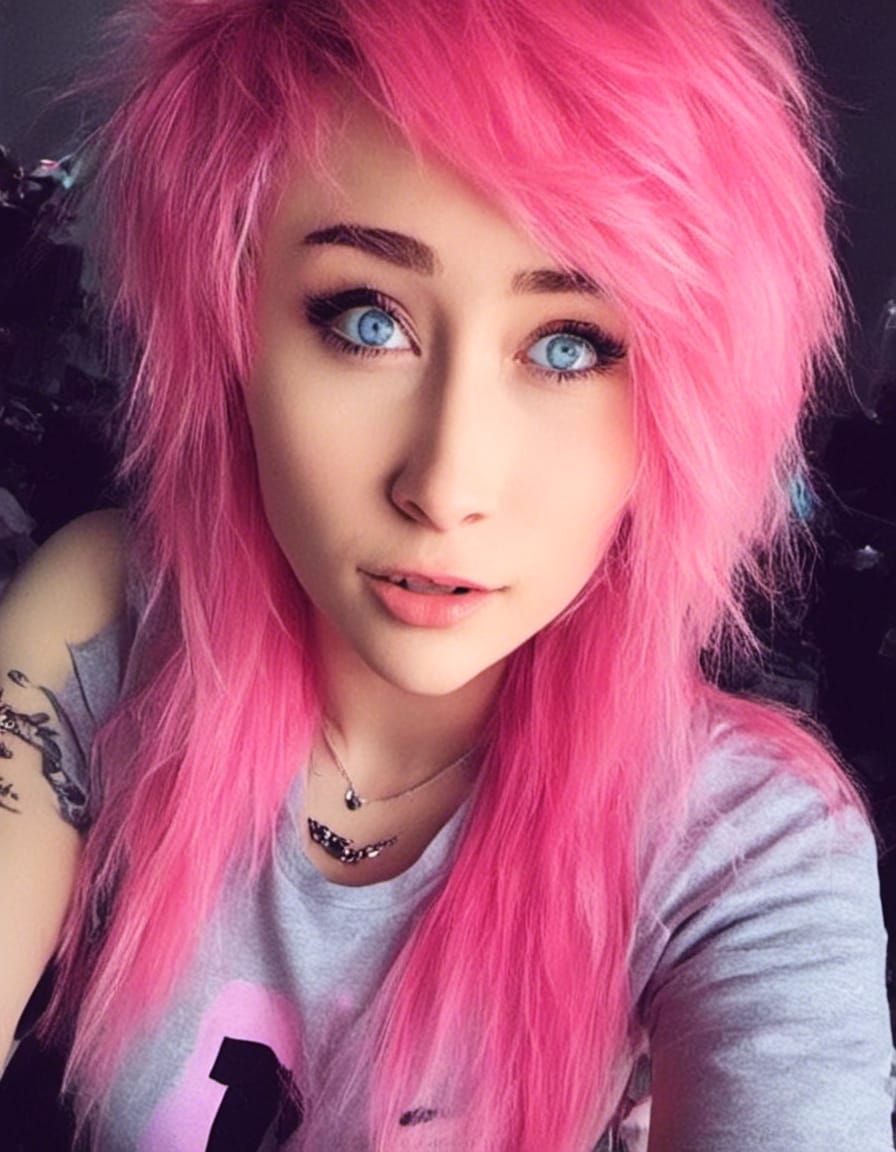 Realistic Emo Girl with Pink Hair and Blue Eyes