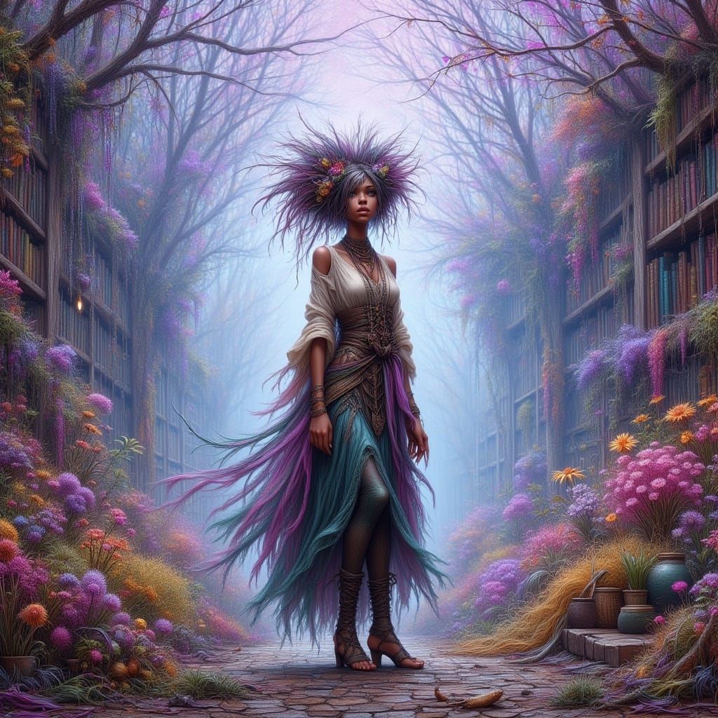 Elegant Woman on Misty Cliff, Digital Art