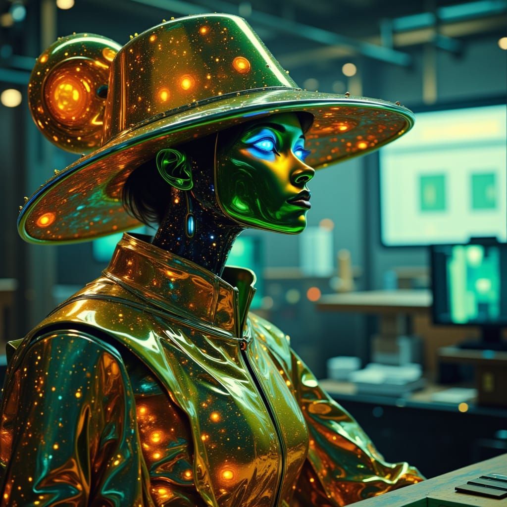 Psychedelic Robot Woman in Sci-Fi Office