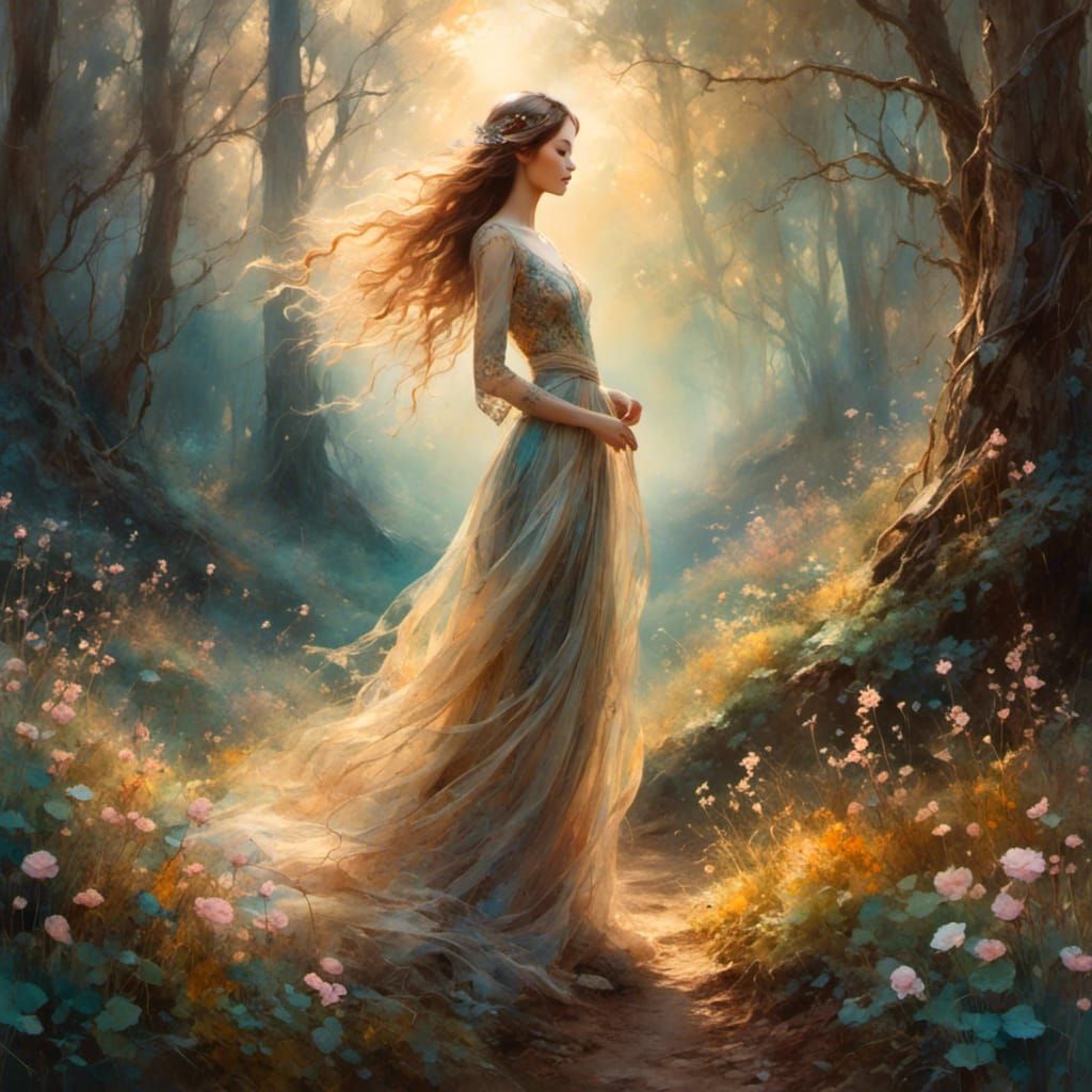 Ethereal Woman in Forest: Vibrant Digital Painting