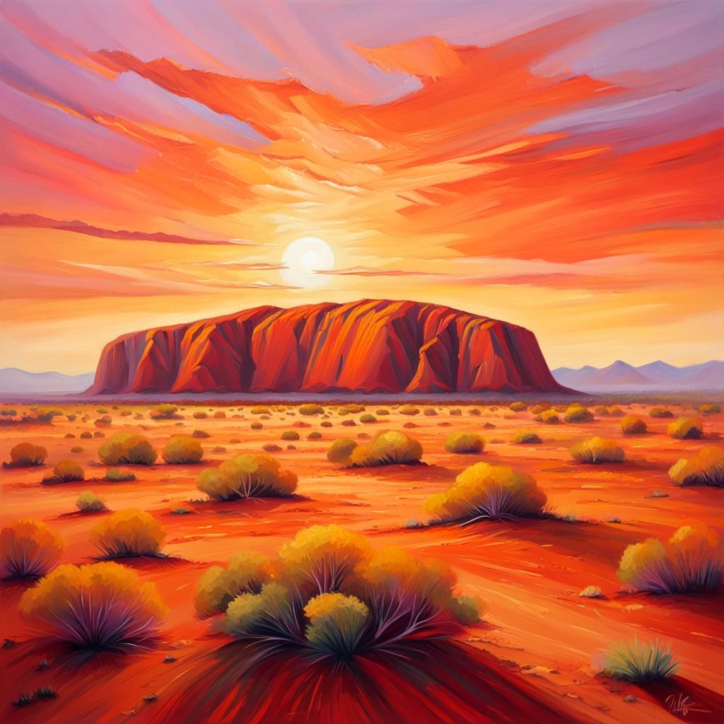 Golden Sunrise Over Uluru: Impressionist Oil Painting