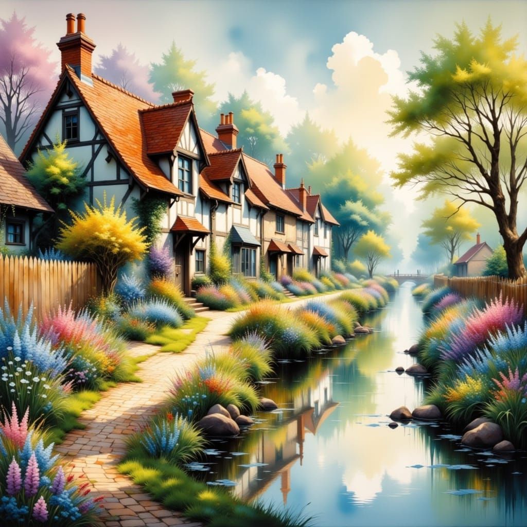 <lora:Painting style:1.0> <lora:Paysage:1.2> <lora:AOW Mix JV Model:1.0> English cottage with a brick pathway to a beaut...