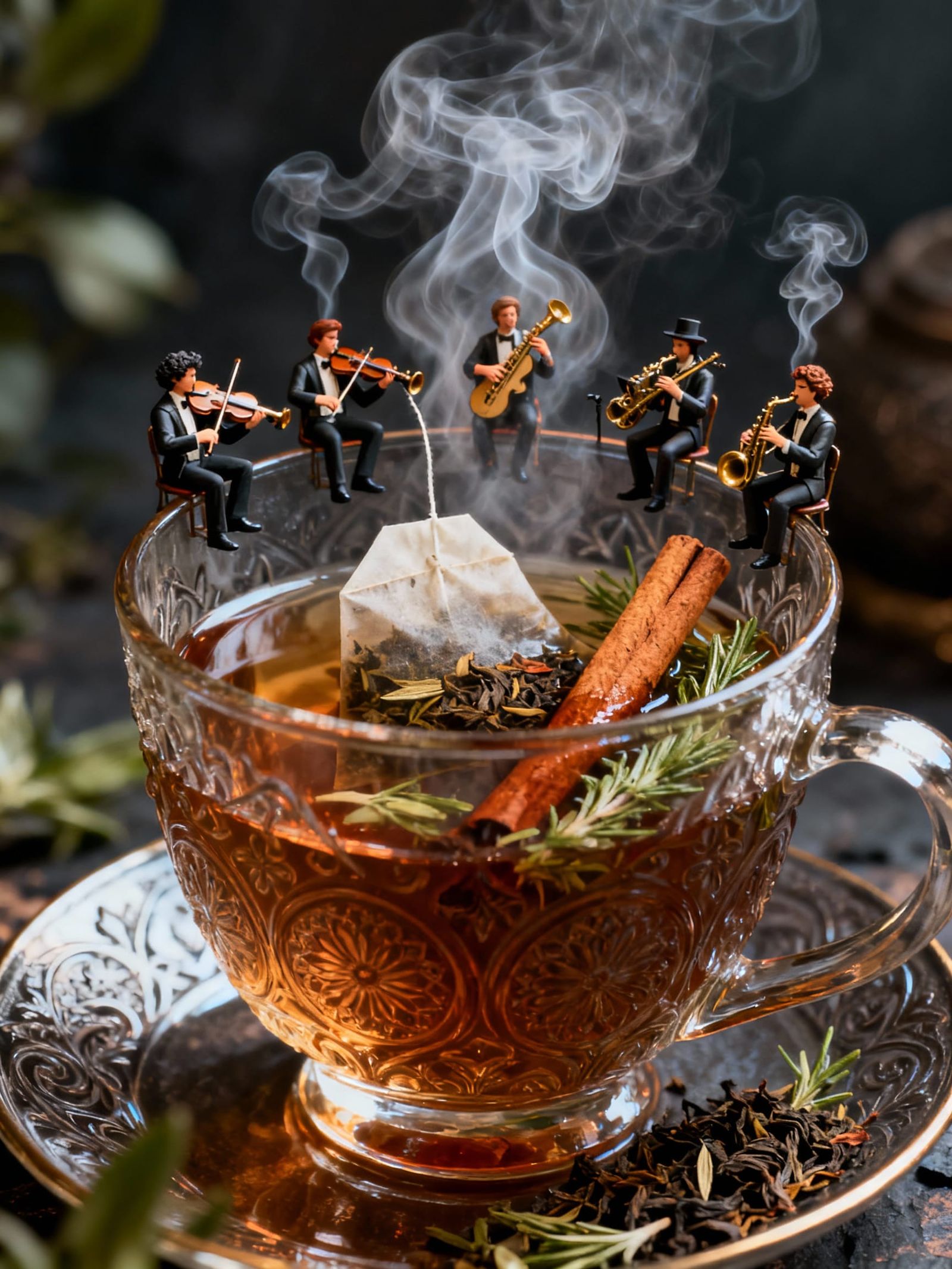 Hot Vapor Band Plays Music Around Tea Cup